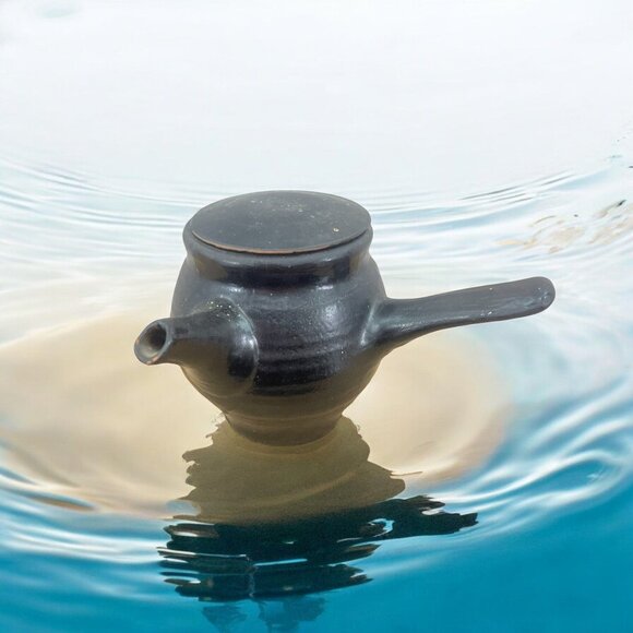 Japanese Antique Black Pottery Clay Teapot With Lid and Dual Spouts - Picture 2 of 6